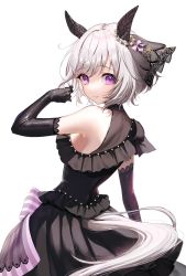 1girl animal_ears bare_shoulders black_dress black_gloves breasts closed_mouth clothing_cutout cowboy_shot curren_chan_(sakutsuki_ma_cherie)_(umamusume) curren_chan_(umamusume) dress ear_covers elbow_gloves frilled_dress frills from_behind gloves grey_hair highres horse_ears horse_girl horse_tail looking_at_viewer looking_back mikazuki_mika purple_eyes short_hair sideboob simple_background small_breasts smile solo tail tail_through_clothes umamusume wedding_dress white_background