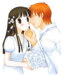 1boy 1girl absurdres blush brown_eyes brown_hair couple dress closed_eyes flower fruits_basket hair_flower hair_ornament hetero highres honda_tooru imminent_kiss orange_hair rose sohma_kyou takaya_natsuki white_dress white_flower white_rose