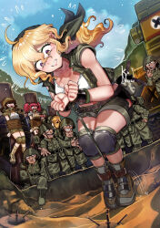 3girls 6+boys bandana bdsm black_panties blonde_hair bondage boots bound bound_ankles bound_arms brown_eyes brown_hair captured clenched_teeth day defeat explosive fio_germi gagged green_vest highres hip_vent imminent_death kaneeru kasamoto_eri knee_pads metal_slug military_uniform mine_(weapon) multiple_boys multiple_girls nadia_cassel outdoors panties panty_peek peril prisoner_of_war_(metal_slug) rebel_soldier_(metal_slug) red_hair sand shorts snk teeth underwear variant_set vest