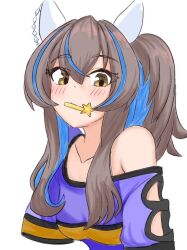 1girl animal_ear_piercing animal_ears bare_shoulders blue_hair blue_shirt blush breasts brown_hair check_commentary clothing_cutout collarbone colored_inner_hair commentary_request daitaku_helios_(umamusume) drawwitter ear_covers ear_ornament hair_between_eyes hair_ornament hairclip highres horse_ears horse_girl long_sidelocks looking_at_viewer medium_breasts medium_hair mouth_hold multicolored_hair shirt shoulder_cutout side_ponytail sidelocks simple_background single_bare_shoulder solo streaked_hair striped_clothes striped_shirt umamusume upper_body white_background yellow_eyes