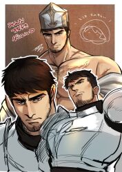 Rule 34 | 1boy, absurdres, armor, artist self-insert, bara, beard stubble, breastplate, character request, facial hair, highres, kageru (mofnyan), knight, large pectorals, male focus, mature male, multiple views, muscular, muscular male, off shoulder, pectorals, serious, short hair, sparse chest hair, stubble, thick eyebrows, translation request, tsurime, unfinished, upper body, wizardry variants daphne