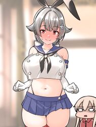2girls black_hair black_hairband black_neckerchief black_panties blonde_hair blue_sailor_collar blue_skirt blush breasts cosplay crop_top elbow_gloves furaggu_(frag_0416) gloves hair_flaps hair_ornament hairband hairclip highleg highleg_panties highres jingei_(kancolle) kantai_collection large_breasts long_hair looking_at_viewer low_ponytail microskirt midriff multiple_girls navel neckerchief panties pleated_skirt ponytail red_eyes sailor_collar shimakaze_(kancolle) shimakaze_(kancolle)_(cosplay) skirt solo_focus thighhighs thong underwear whale_hair_ornament white_gloves