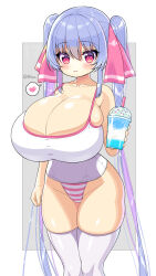 1girl blush breasts cleavage cup curvy food highres holding holding_cup huge_breasts long_hair oppai_loli original riko_(shuz) shuz_(dodidu) solo thick_thighs thighhighs thighs very_long_hair