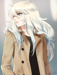 1boy alternate_costume black_shirt blue_eyes blue_hair brown_jacket casual eyelashes jacket long_hair long_sleeves looking_to_the_side male_focus mizuhara_aki mole mole_under_eye parted_lips pink_lips pisces_aphrodite profile saint_seiya shirt solo trap upper_body