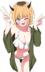 1girl ;d absurdres alternate_costume bikini blonde_hair blush breasts brown_hair collarbone demon_horns double_v earrings fake_horns fang frilled_bikini frills green_jacket groin halterneck highres hoop_earrings horns jacket jewelry large_breasts looking_at_viewer memcho multicolored_hair navel one_eye_closed open_mouth oshi_no_ko roots_(hair) short_hair simple_background smile solo stomach swimsuit thigh_gap two-tone_hair uriumi_sub v white_background white_bikini