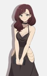 1girl bare_shoulders black_choker black_dress breasts brown_eyes brown_hair chocomiru choker cleavage clutch_purse dress earrings hair_over_shoulder halterneck handbag highres hip_vent jewelry medium_breasts medium_hair meme_attire modakawa_dress original shadow smile solo wallet white_background