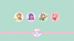 Rule 34 | 4girls, :d, baking sheet, black thighhighs, blazer, blue eyes, blue shoes, blue skirt, book, bow, brown hair, brown sweater vest, chibi, chibi only, collared shirt, commentary, copyright name, covered mouth, covering own mouth, crayon, crayon drawing, cupcake, doki doki literature club, doki doki literature club, doki doki literature club school uniform, double-parted bangs, dress shirt, drop shadow, english commentary, eyebrows hidden by hair, fang, food, full body, game cg, green background, green eyes, grey jacket, hair between eyes, hair bow, hair intakes, hair ornament, half-closed eyes, heart, high ponytail, highres, holding, holding book, holding crayon, holding pen, holding tray, jacket, klaeia, kneehighs, kneeling, logo, long eyelashes, long hair, long sidelocks, looking at object, looking down, miniskirt, monika (doki doki literature club), multiple girls, natsuki (doki doki literature club), neck ribbon, non-web source, official art, official wallpaper, open book, open clothes, open jacket, open mouth, outstretched arm, oven mitts, paper, pen, pink eyes, pink hair, pink shoes, pleated skirt, polka dot, polka dot background, ponytail, purple eyes, purple hair, raised eyebrows, reading, red bow, red ribbon, red shoes, ribbon, sayori (doki doki literature club), school uniform, shirt, shoes, short hair, sidelocks, sitting, skin fang, skirt, smile, socks, sweater vest, swept bangs, thick eyelashes, thighhighs, tray, two side up, v-neck, v-shaped eyebrows, very long hair, walking, wavy hair, white bow, white shirt, white socks, writing, x hair ornament, yokozuwari, yuri (doki doki literature club)