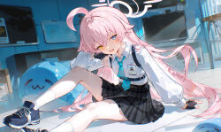 1girl absurdres black_gloves blue_archive blue_eyes blue_necktie fingerless_gloves gloves halo harness heterochromia highres hoshino_(blue_archive) karachiiy long_hair necktie pink_hair pink_halo school_uniform shirt solo white_shirt yellow_eyes