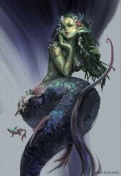 1girl artist_name colored_skin fish green_hair green_skin greyevilowl highres long_hair mermaid monster_girl original pointy_ears scales solo starfish_hair_ornament
