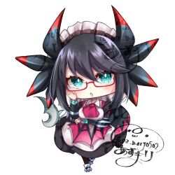 1girl arm_under_breasts artist_logo az_(colorb05) black_dress black_hair black_tail blue_eyes breasts chibi dragon_girl dragon_tail dragon_wings dress duel_monster full_body grey_background house_dragonmaid logo maid maid_headdress signature simple_background solo tail wings yu-gi-oh!