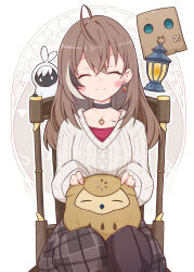 1girl absurdres ahoge berry black_choker blush brown_hair brown_skirt buffering chair choker closed_eyes crossed_bangs double-parted_bangs dual_persona earrings food-themed_earrings friend_(nanashi_mumei) highres hololive hololive_english hootsie_(nanashi_mumei) jewelry lantern lazurite long_hair long_skirt long_sleeves looking_at_viewer mouth_hold mumei_(song)_(hololive) nanashi_mumei nanashi_mumei_(casual) necklace on_lap plaid_clothes plaid_skirt pleated_skirt puffy_sleeves red_shirt shirt sitting skirt sleeping sleeves_past_wrists smile sweater virtual_youtuber white_sweater wooden_chair