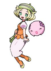 Rule 34 | 1girl, beret, bianca (pokemon), blonde hair, breasts, closed eyes, closed mouth, eneko (olavcnkrpucl16a), gen 5 pokemon, green bag, green eyes, green hat, hat, highres, jacket, munna, nintendo, open mouth, orange jacket, orange pantyhose, orange vest, pantyhose, pencil skirt, pokemon, pokemon bw, short hair, short sleeves, simple background, skirt, smile, teeth, vest, white background