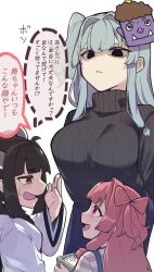 3girls aged_down ahoge alternate_costume alternate_eye_color arms_behind_back black_eyes black_sweater blade blue_hair blue_oni blunt_bangs bow-shaped_hair breasts brown_eyes brown_hair closed_mouth commentary_request denim dress empty_eyes hand_to_own_mouth headgear highres japanese_clothes jeans kimono kotonoha_akane kotonoha_aoi large_breasts looking_at_another mask mask_on_head masu multiple_girls nervous nervous_smile one_side_up oni oni_mask open_mouth pants pink_shirt red_eyes ribbed_dress setsubun shirt sidelocks simple_background smile striped_clothes striped_shirt sweatdrop sweater toriniku29 touhoku_kiritan translation_request turtleneck turtleneck_sweater voiceroid whispering white_background white_kimono wide_sleeves