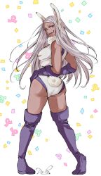 Rule 34 | 1girl, :d, animal ears, ass, boku no hero academia, breasts, clothing cutout, commentary request, dark-skinned female, dark skin, from behind, full body, gloves, heattech leotard, highleg, highleg leotard, highres, kingcoco5963, large breasts, leotard, long eyelashes, long hair, looking at viewer, mirko, muscular, muscular female, open mouth, rabbit ears, rabbit girl, rabbit tail, red eyes, sleeveless turtleneck leotard, smile, solo, tail, tail through clothes, taut leotard, thick thighs, thighhighs, thighs, toned, toned female, turtleneck, white hair, white leotard