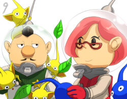 Rule 34 | 1boy, 1girl, backpack, badge, bag, big nose, black eyes, black hair, blue pikmin, blue skin, brittany (pikmin), buttons, charlie (pikmin), closed mouth, colored skin, commentary request, countdown, creature, creature on head, eyelashes, facial hair, glasses, gloves, green gloves, half-closed eyes, hand on another&#039;s shoulder, helmet, holding, holding creature, leaf, looking at another, mustache, naru (wish field), nintendo, no mouth, pikmin (creature), pikmin (series), pikmin 3, pink bag, pink gloves, pink hair, pointy ears, pointy nose, radio antenna, red-framed eyewear, short hair, simple background, smile, solid oval eyes, space helmet, spacesuit, star (symbol), triangular eyewear, upper body, very short hair, whistle, white background, yellow pikmin, yellow skin