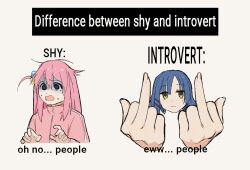 Rule 34 | 2girls, asymmetrical sidelocks, blue eyes, blue hair, bocchi the rock!, comparison, cube hair ornament, dide6an, difference between shy and introvert (meme), double middle finger, english text, gotoh hitori, hair ornament, jacket, long hair, long sleeves, looking at viewer, meme, middle finger, mole, mole under eye, multiple girls, one side up, open mouth, pink hair, pink jacket, pink track suit, short hair, shy, side ponytail, simple background, track suit, yamada ryo, yellow eyes