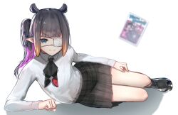 Rule 34 | 1girl, absurdres, advarcher, ao-chan (ninomae ina&#039;nis), ascot, black ascot, black hair, black skirt, blue eyes, blunt bangs, blurry, blurry background, collared shirt, commentary, eyepatch, flat chest, hair ornament, highres, hololive, hololive english, light smile, long sleeves, looking at viewer, lying, medical eyepatch, miniskirt, mole, mole under eye, multicolored hair, ninomae ina&#039;nis, ninomae ina&#039;nis (school uniform), official alternate costume, official alternate hairstyle, on side, one side up, pink hair, plaid clothes, plaid skirt, pleated skirt, pointy ears, school uniform, shadow, shirt, shirt tucked in, shoes, sidelocks, simple background, skirt, sneakers, solo, streaked hair, tentacle hair, virtual youtuber, white background, white shirt
