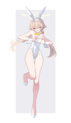 1girl absurdres alternate_costume animal_ear_hairband animal_ears arume_ad bare_shoulders blue_archive blush border bow bowtie brown_hair commentary_request detached_collar fake_animal_ears hair_flaps hair_ornament hairband halo heart heart_hands hifumi_(blue_archive) high_heels highleg highleg_leotard highres leotard long_hair looking_at_viewer low_twintails open_mouth outside_border playboy_bunny rabbit_ear_hairband rabbit_ears shoes simple_background smile solo standing standing_on_one_leg strapless strapless_leotard teeth twintails upper_teeth_only white_border white_leotard white_shoes white_wrist_cuffs wing_hair_ornament winged_halo wrist_cuffs yellow_bow yellow_bowtie yellow_eyes yellow_halo