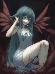 1girl absurdres armpits bare_shoulders black_ribbon blonde_hair blood blood_on_arm blood_on_clothes blood_on_face blood_on_hands blood_on_leg breasts clenched_teeth collarbone dress eldritch_abomination flesh green_hair hair_between_eyes hair_flaps hair_intakes highres joint_(drug) long_hair looking_at_viewer mdm4 neck_ribbon parted_lips red_eyes ribbon saya_(saya_no_uta) saya_no_uta sleeveless sleeveless_dress small_breasts solo spaghetti_strap teeth tentacles unlit_cigarette_in_mouth very_long_hair white_dress wings