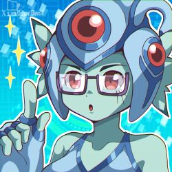 1girl blue_background blue_hat blue_one-piece_swimsuit dclaret digimon digimon_(creature) glasses hat highres meme_request one-piece_swimsuit ranamon red_eyes semi-rimless_eyewear solo swimsuit twitter_username under-rim_eyewear upper_body watermark web_address