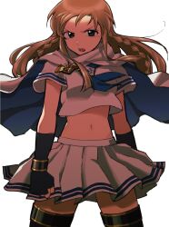 Rule 34 | 1girl, angry, arms at sides, black gloves, black thighhighs, blue eyes, blue neckerchief, braid, brown hair, cape, cowboy shot, cropped shirt, fingerless gloves, floating clothes, floating hair, gloves, highres, idol heroes (idolmaster), idolmaster, idolmaster million live!, kousaka umi, long hair, looking at viewer, midriff, mighty sailor, miniskirt, navel, neckerchief, open mouth, pleated skirt, school uniform, serafuku, shirt, short sleeves, simple background, skirt, solo, standing, tarako oniyon, thighhighs, twin braids, white background, white cape, white shirt, white skirt