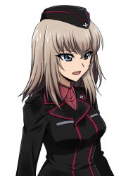 Rule 34 | 10s, 1girl, black jacket, blue eyes, dress shirt, female focus, garrison cap, girls und panzer, grey hair, hair between eyes, hat, itsumi erika, jacket, kuromorimine military uniform, long hair, long sleeves, military, military uniform, open mouth, red shirt, shinmai (kyata), shirt, solo, transparent background, upper body