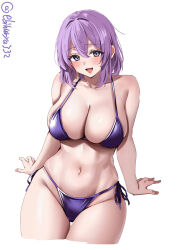 1girl alternate_costume bikini breasts commentary_request cropped_legs ebifurya hair_between_eyes highres kantai_collection large_breasts lexington_(kancolle) looking_at_viewer medium_hair one-hour_drawing_challenge purple_bikini purple_eyes purple_hair side-tie_bikini_bottom simple_background smile solo swimsuit twitter_username white_background