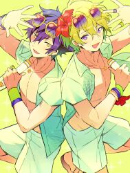 Rule 34 | 2boys, :d, apple-shaped eyewear, arm up, back-to-back, bare pectorals, bishounen, cowboy shot, earrings, ensemble stars!, eyewear on head, flower, gradient-tinted eyewear, green background, hair between eyes, hair flower, hair ornament, hand up, hibiscus, hidakarumen, holding, holding microphone, jewelry, knee up, light blush, looking at viewer, male focus, microphone, multiple boys, necklace, open clothes, open hand, open mouth, open shirt, pectorals, red flower, sazanami jun, short hair, short sleeves, shorts, smile, standing, standing on one leg, stud earrings, sunglasses, sweat, tinted eyewear, tomoe hiyori, white shorts, yellow-framed eyewear