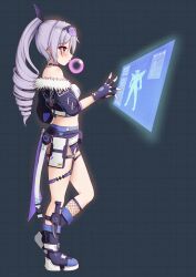 1girl bare_shoulders blowing_bubbles blue_boots blue_gloves blue_jacket blue_shorts blush boots breasts brown_eyes chewing_gum commentary_request fingerless_gloves from_side full_body gloves goggles goggles_on_head grey_hair grid_background hair_between_eyes highres holographic_interface honkai:_star_rail honkai_(series) jacket long_sleeves medium_breasts off_shoulder ponytail power_symbol profile prophosphere puffy_long_sleeves puffy_sleeves ringlets short_shorts shorts silver_wolf_(honkai:_star_rail) solo standing standing_on_one_leg