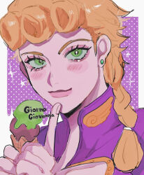 1boy blonde_hair blush braid character_name cleavage_cutout clothing_cutout collared_jacket drawn_star earrings eyelashes eyeshadow finger_to_own_chin food giorno_giovanna green_eyes halftone halftone_background highres holding holding_ice_cream_cone ice_cream ice_cream_cone jacket jewelry jojo_no_kimyou_na_bouken long_hair looking_at_viewer makeup male_focus matubaru_chan pink_background pink_eyeshadow pink_jacket pink_theme portrait smile solo sparkle stud_earrings vento_aureo victory_rolls wing_ornament
