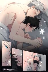 Rule 34 | 2boys, artist name, bed, bed sheet, black hair, blue eyes, comic, commentary, fingernails, gearous, glowing, glowing jewelry, grey hair, heart, highres, hug, hug from behind, indoors, interlocked fingers, jewelry, katsuki yuuri, lying, male focus, multiple boys, ring, shirtless, silent comic, sleeping, snowflakes, sparkle, spooning, symbol-only commentary, topless male, translation request, viktor nikiforov, yaoi, yuri!!! on ice