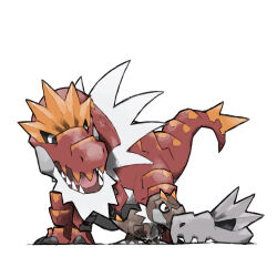 black_claws black_eyes black_sclera blacknirrow colored_sclera colored_skin dinosaur dragon evolutionary_line fangs feathers gen_6_pokemon long_tail nintendo no_humans pokemon pokemon_(creature) red_skin scales skin_fangs skull snout tail tyrannosaurus_rex tyrantrum tyrunt white_eyes white_fur