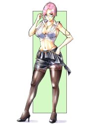 1girl bare_shoulders blue_eyes breasts cleavage crop_top dead_or_alive dead_or_alive_xtreme dead_or_alive_xtreme_venus_vacation elise_(doa) fer_yoshimiya glasses hair_bun high_heels highres large_breasts long_hair looking_at_viewer pink_hair sideboob sleeveless smug
