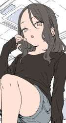 1girl brown_eyes brown_hair brown_shirt commentary_request feet_out_of_frame forehead grey_shorts hair_between_eyes hand_up highres indoors long_sleeves looking_at_viewer original parted_bangs parted_lips shirt shorts sitting sleeves_past_wrists solo yamamoto_souichirou