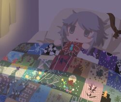 1other adagumo_no_saragimaru adagumo_no_yaorochi amanomiya_jun amanomori_shou androgynous azuma_kaisen baila_kuangzi bedroom blanket blush_stickers brown_scarf celeritas_lumen chibi chinese_commentary clause_(len&#039;en) commentary_request curtains dark enraku_tsubakura ex-sese expressionless fujiwara_no_iyozane glowing grey_eyes grey_hair highres houlen_yabusame indoors katano_sukune kesa_kujiru kitsugai_sese kokutenshi_hibaru kurohebi len&#039;en messy_hair ogata_garaiya on_bed open_mouth other_focus quilt scarf shion_(len&#039;en) shirami_souko shitodo_aoji shitodo_hooaka shitodo_kuroji short_hair_with_long_locks sidelocks silhouette solo spell_card swept_bangs taira_no_fumikado umatachi_tsugumi under_covers unworn_scarf