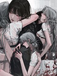 Rule 34 | 2girls, biting, black bra, black hair, black shirt, blood, blood on clothes, blood on face, blood on wall, bra, clothes lift, ear piercing, eriol s2, face piercing, fangs, grey hair, highres, hug, indoors, lip piercing, long hair, long sleeves, multiple girls, neck biting, open mouth, original, piercing, red eyes, shirt, shirt lift, short sleeves, underwear, water, white shirt, yuri