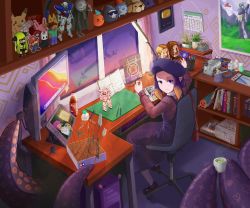 &gt;_&lt; 1girl absurdres agent_3_(splatoon) airbrush among_us ao-chan_(ninomae_ina&#039;nis) apple_inc. artist_name beret bloop_(gawr_gura) bob_ross bold_and_brash_(spongebob) bubba_(watson_amelia) cable collared_shirt computer crewmate_(among_us) death-sensei_(mori_calliope) dress emil_(nier) figure forehead gen_1_pokemon gundam gundam_00 gundam_exia gundam_unicorn gunpla hair_behind_ear hat highres hollow_knight hololive hololive_english holomyth inkling inkling_girl inkling_player_character knight_(hollow_knight) kotori_(takanashi_kiara) looking_at_viewer macintosh mario mihama_chiyo&#039;s_father mobile_suit_gundam model_kit nier nier_(series) ninomae_ina&#039;nis ninomae_ina&#039;nis_(casual) nintendo paper_mario_(character) pikachu plant pointy_ears pokemon pokemon_(creature) poster_(object) purple_dress purple_eyes purple_hat purple_shirt real_life red_(among_us) ring_fit_adventure rx-78-2_gundam shirt sitting smile soda_bottle solo splatoon_(series) spongebob_squarepants_(series) squidward_tentacles steve_(minecraft) strictly_mecha tablet_pc taiko_no_tatsujin takodachi_(ninomae_ina&#039;nis) tea tentacle_hair tentacles turn_a_gundam turn_a_gundam_(mobile_suit) unicorn_gundam v-fin virtual_youtuber wada_don window yagoo youtube_creator_award