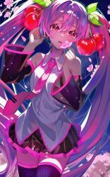 Rule 34 | 1girl, armpit crease, berry, black skirt, black sleeves, black thighhighs, commentary request, cowboy shot, detached sleeves, flower, hair between eyes, hands up, hatsune miku, highres, kenpii mo, looking at viewer, miniskirt, necktie, night, night sky, petals, pink eyes, pink hair, pink necktie, pink trim, pleated skirt, plum blossoms, sakura miku, shirt, skirt, skirt set, sky, sleeveless, sleeveless shirt, solo, thighhighs, vocaloid, white shirt