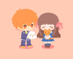 1boy 1girl :d animal blue_jacket blue_legwear blue_pants blue_skirt blush brown_footwear brown_hair cat chibi chibi_only closed_eyes commentary_request covering_own_mouth food fruits_basket full_body hair_ribbon highres holding holding_animal holding_cat holding_food honda_tooru jacket long_hair long_sleeves onigiri open_mouth orange_eyes orange_hair orange_shoes pants pink_ribbon pleated_skirt ribbon rizu_(rizunm) sailor_collar school_uniform shadow shirt shoes skirt smile socks sohma_kyou twitter_username white_sailor_collar yellow_shirt |_|
