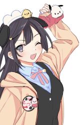 Rule 34 | 1girl, ;d, arm up, black hair, black vest, blue shirt, blush, collared shirt, commentary request, grey eyes, hair ornament, highres, jacket, long hair, long sleeves, looking at viewer, love live!, love live! nijigasaki high school idol club, neck ribbon, nijigasaki school uniform, ogi (sham00), one eye closed, one side up, open clothes, open jacket, open mouth, pochacco, red ribbon, ribbon, sanrio, school uniform, shirt, simple background, smile, solo, triangle hair ornament, upper body, vest, white background, yuki setsuna