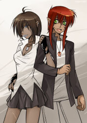 1boy 1girl ahoge black_gloves black_jacket black_nails black_skirt blue_lips breasts brown_hair chinese_commentary cigarette cod.h commentary_request cowboy_shot dark-skinned_female dark-skinned_male dark_skin dog_tags fingerless_gloves fingernails gloves green_eyes jacket jewelry locked_arms looking_at_viewer magatama magatama_necklace medium_breasts medium_hair necklace open_clothes open_jacket open_mouth original pants pointy_ears popped_collar red_hair shirt short_hair skirt smile white_pants white_shirt