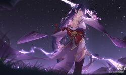 1girl absurdres aguaishushu black_thighhighs braid braided_ponytail genshin_impact highres holding holding_sword holding_weapon japanese_clothes kimono long_hair miyoushe_watermark mole mole_under_eye musou_isshin_(genshin_impact) night obi off_shoulder outdoors purple_eyes purple_hair purple_kimono raiden_shogun sash single_braid sky solo star_(sky) starry_sky sword thighhighs tomoe_(symbol) watermark weapon wide_sleeves