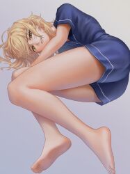 1girl absurdres al2o32sio22h2o barefoot blonde_hair commentary_request happy highres legs looking_at_viewer maribel_hearn nagarapu no_headwear parted_lips purple_shirt purple_skirt shirt short_sleeves skirt soles solo touhou yellow_eyes