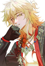 1boy alternate_costume archive5_61 black_gloves black_jacket blonde_hair braid chest_tattoo commentary earrings english_commentary facial_tattoo gloves gold_earrings gold_necklace gradient_hair hair_between_eyes highres honkai:_star_rail honkai_(series) jacket jewelry looking_at_viewer male_focus medium_hair multicolored_hair mydei_(honkai:_star_rail) necklace pectoral_cleavage pectorals red_hair red_shirt red_tattoo shirt side_braid simple_background solo tattoo toned toned_male white_background yellow_eyes