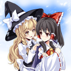 2girls asu_hare black_hair blonde_hair bow braid breath capelet casual crossed_arms detached_sleeves eye_contact female_focus from_behind hair_bow hair_tubes hakurei_reimu hand_on_shoulder happy hat highres japanese_clothes kirisame_marisa long_hair looking_at_another looking_back miko multiple_girls open_mouth ribbon-trimmed_sleeves ribbon_trim side_braid smile touhou witch witch_hat yellow_eyes yuri
