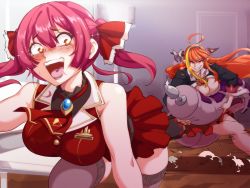 2girls asacoco breasts hololive houshou_marine kiryu_coco large_breasts multiple_girls orange_hair red_hair smile twintails virtual_youtuber