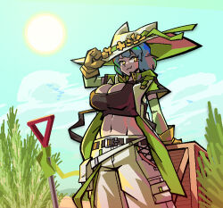 1girl :3 admiral_nakhimov_(a_fresh_green_day)_(azur_lane) admiral_nakhimov_(azur_lane) azur_lane belt black_tank_top blue_sky breasts cargo_pants cleavage cloud crate gloves green_hair green_jacket groin hat highres jacket large_breasts looking_at_viewer midriff navel official_alternate_costume outdoors pants pixel_art short_hair shovel sirhoopsalot sky solo stomach sun sunlight tank_top white_hat white_pants yellow_eyes yellow_gloves