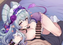 0haribo0 1boy 1girl absurdres bar_censor blush breasts censored commentary_request erection genshin_impact handjob highres japanese_clothes large_breasts long_hair looking_at_viewer lower_teeth_only navel nipples open_mouth pointy_ears pov purple_tail smile socks stomach teeth thighs white_socks yumemizuki_mizuki
