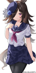 1girl absurdres alternate_costume animal_ears asymmetrical_bangs black_pantyhose blue_flower blue_hat blue_rose blue_sailor_collar blue_skirt blush bowler_hat breasts brown_hair brown_tail closed_mouth collarbone commentary cowboy_shot curled_fingers fingernails flipped_hair flower hand_up hat hat_flower hat_ornament highres horse_ears horse_girl horse_tail legs_together long_hair looking_at_viewer neckerchief pantyhose pleated_skirt purple_eyes purple_neckerchief rice_shower_(umamusume) rose sailor_collar school_uniform serafuku short_sleeves simple_background skirt small_breasts smile solo standing summer_uniform swept_bangs tail tilted_headwear twitter_username umamusume white_background white_serafuku yamano_rokamizu