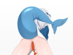 1girl absurdres animal_costume animal_hood ass ass_focus blue_eyes blue_hair blue_hoodie bottomless censored clothes_lift commentary crotch_seam dated_commentary fins fish_tail from_behind gawr_gura gawr_gura_(1st_costume) grey_hair hair_ornament highres hololive hololive_english hood hoodie long_hair mingkozus multicolored_hair shark_costume shark_girl shark_hood shark_tail solo streaked_hair tail two_side_up virtual_youtuber white_background